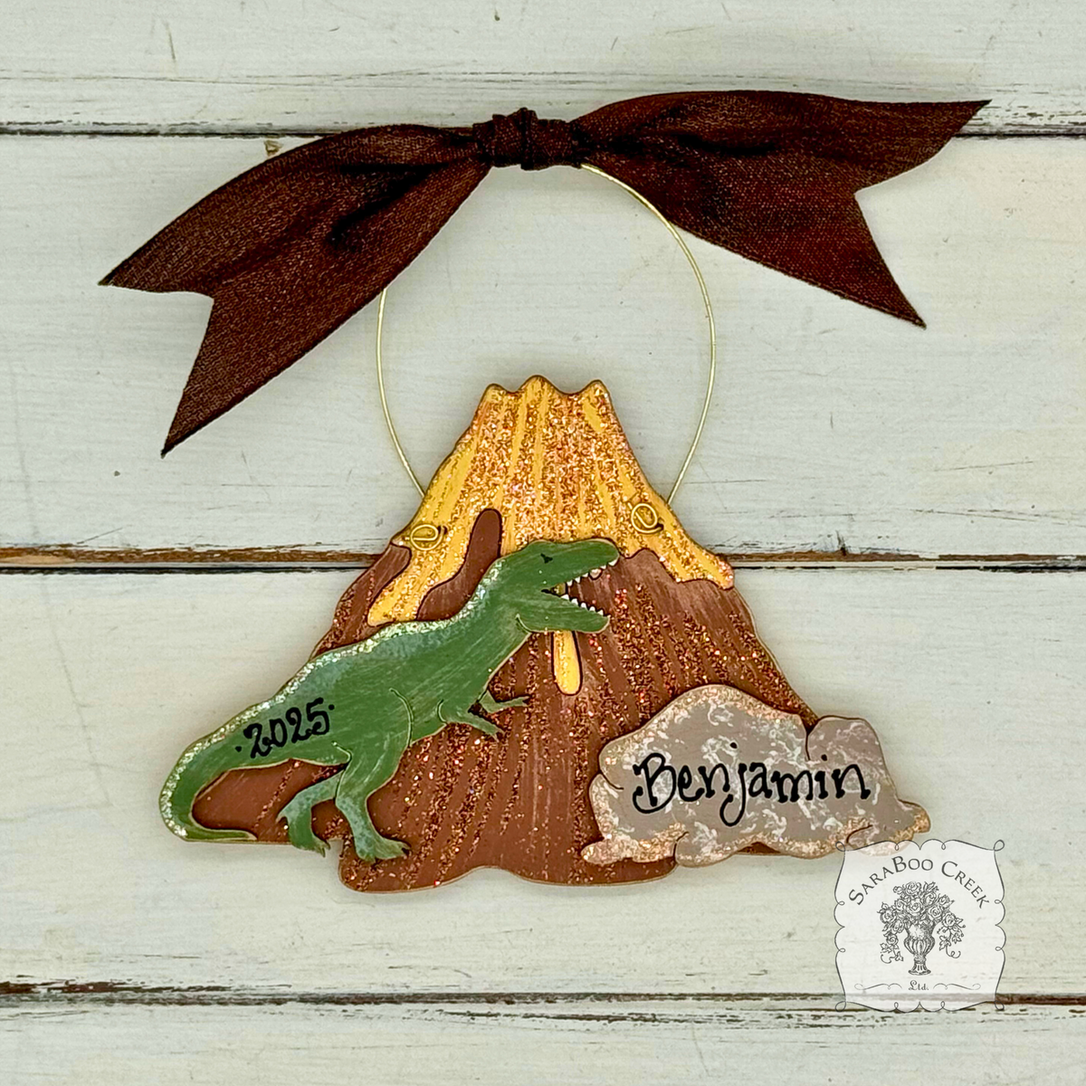 Tyrannosaurus Rex Dinosaur Ornament - Personalized Wood T-Rex Prehistoric Volcano