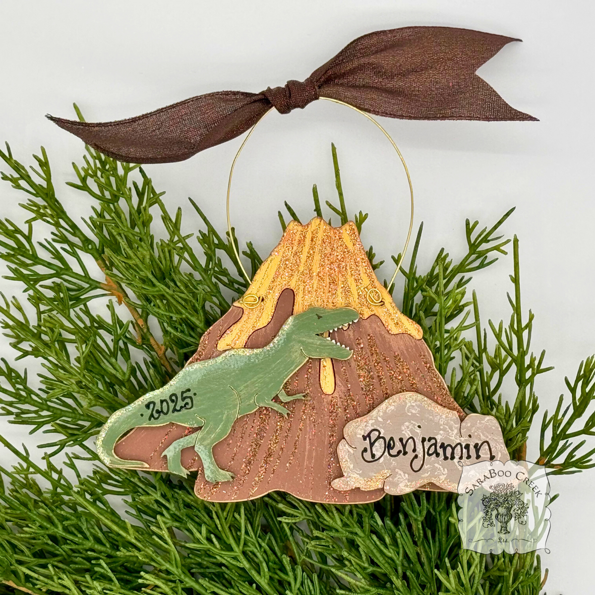 Tyrannosaurus Rex Dinosaur Ornament - Personalized Wood T-Rex Prehistoric Volcano