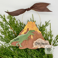 Tyrannosaurus Rex Dinosaur Ornament - Personalized Wood T-Rex Prehistoric Volcano