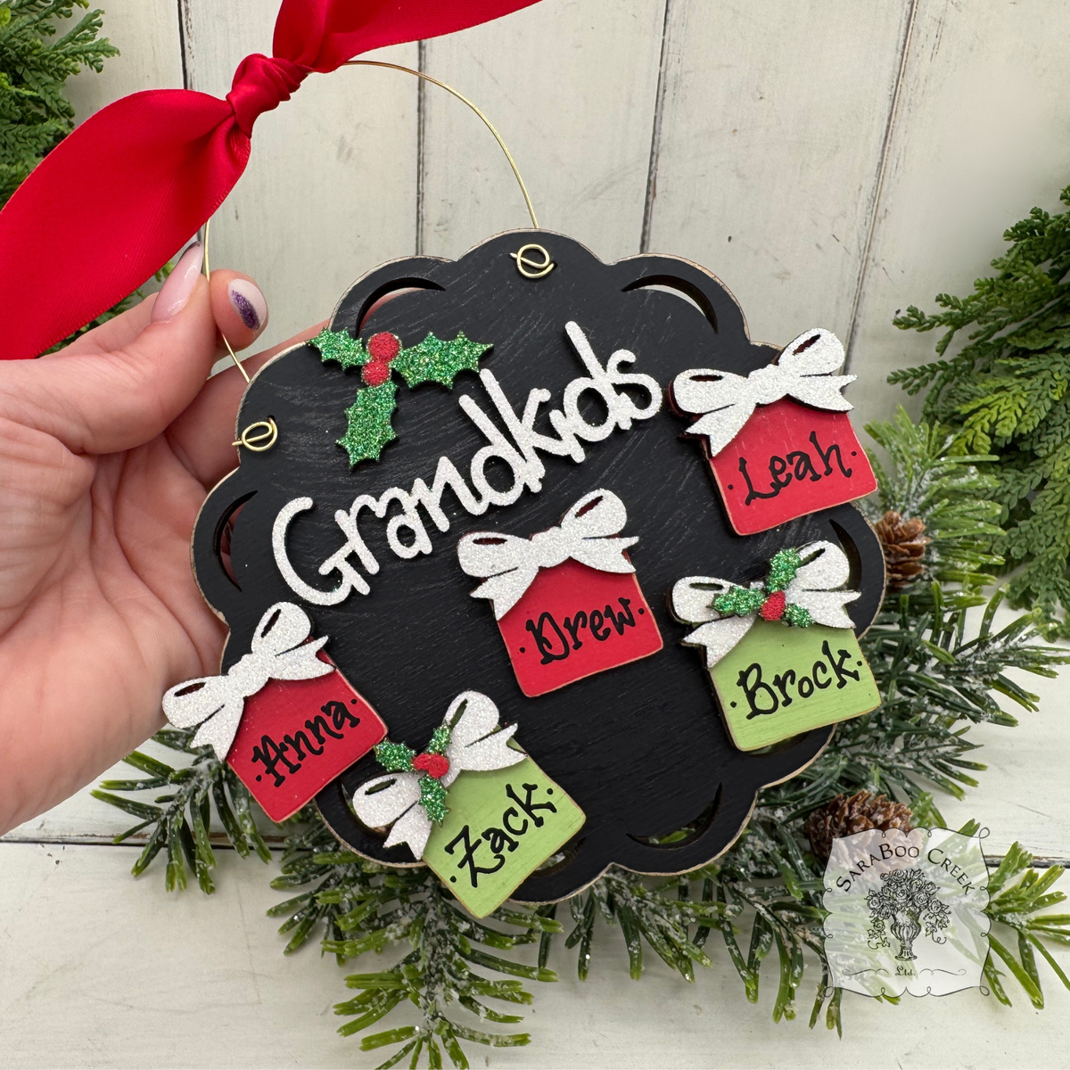 Grandkids Ornament with 2, 3, 4 or 5 Personalized Wood Gifts