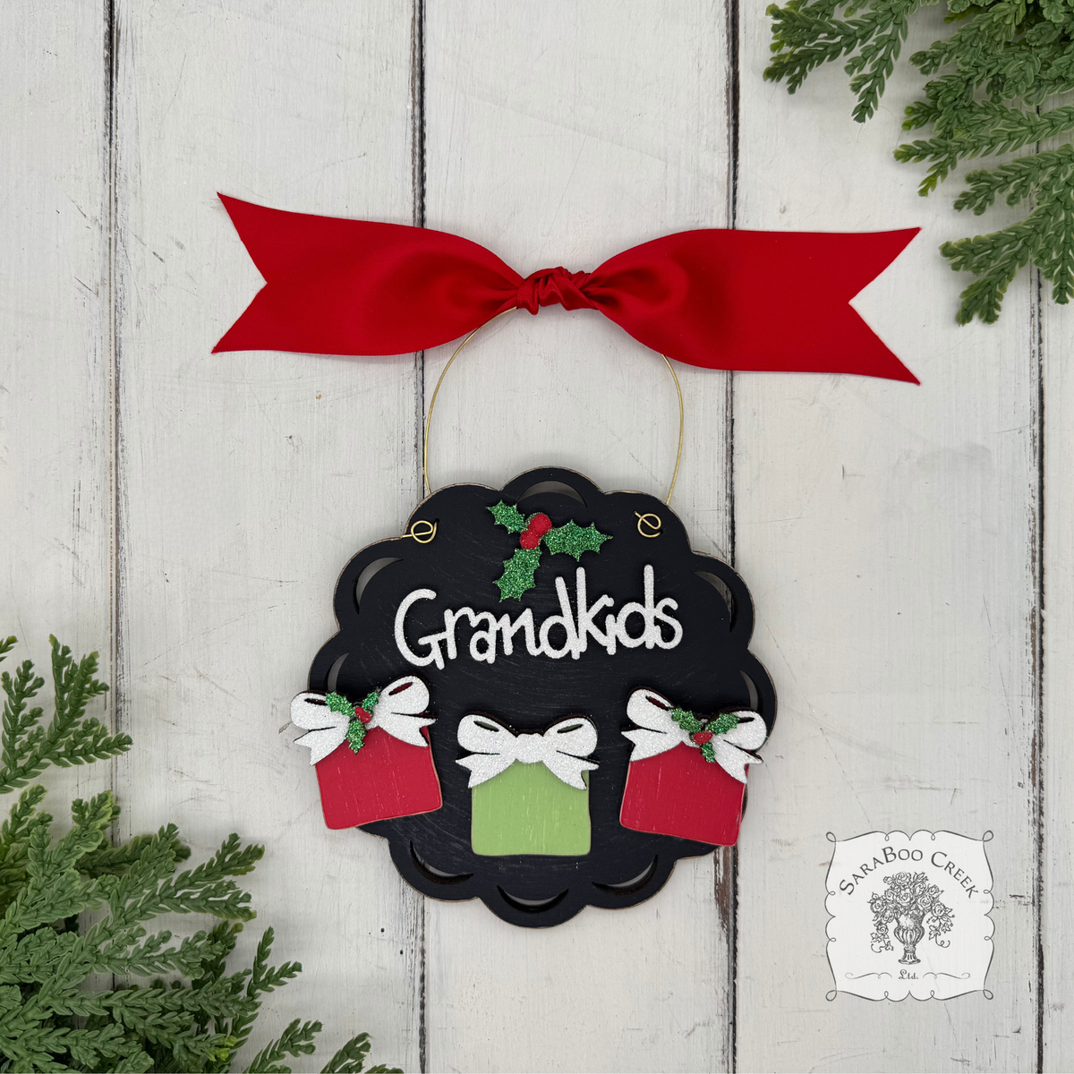 Grandkids Ornament with 2, 3, 4 or 5 Personalized Wood Gifts