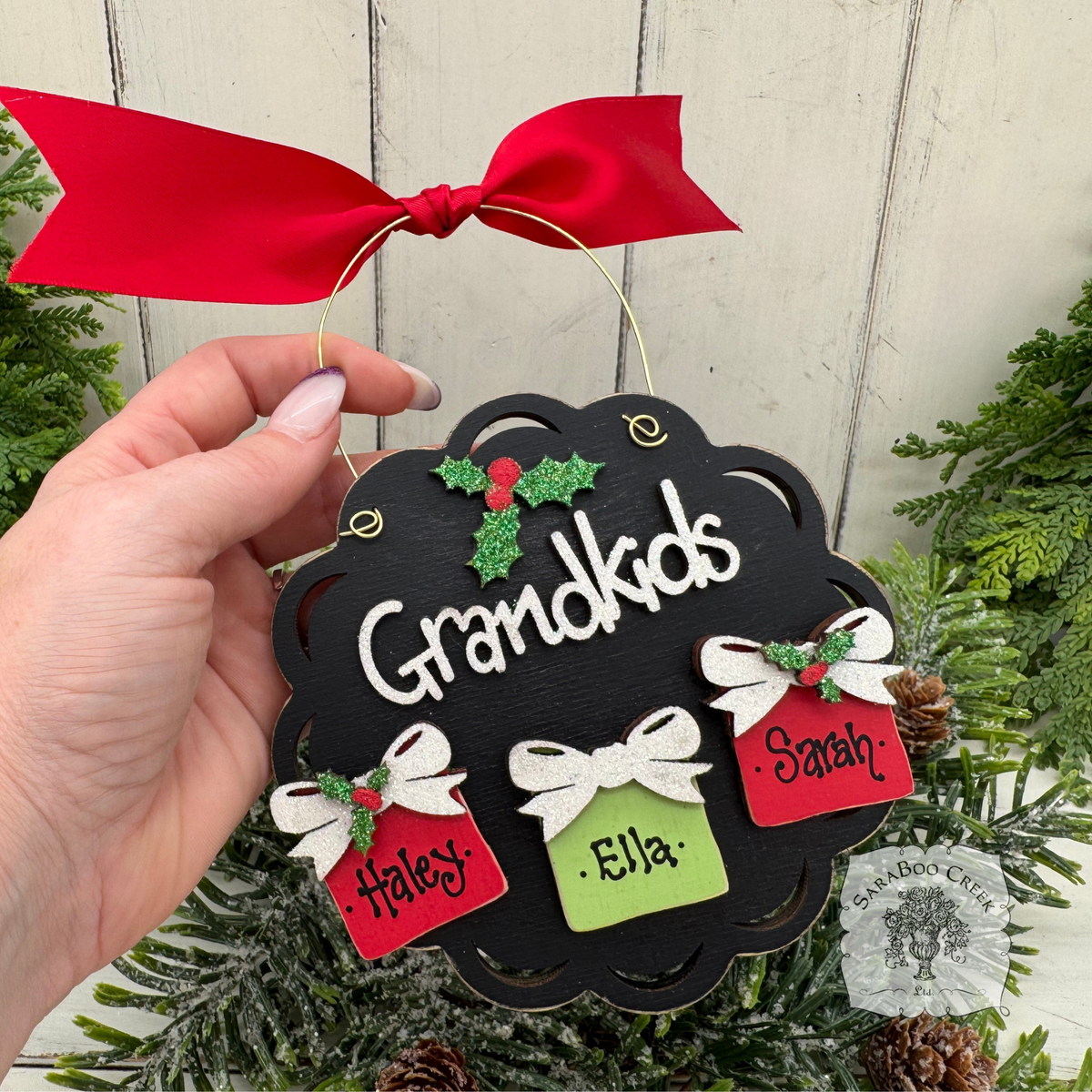 Grandkids Ornament with 2, 3, 4 or 5 Personalized Wood Gifts