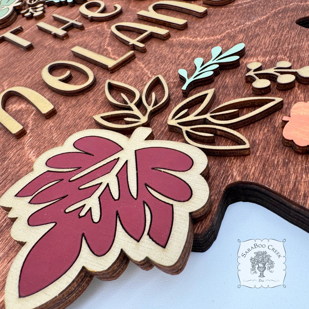 Stained Rustic Leaf with Gold Family Name