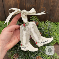 Personalized White Cowboy Boots Ornament w/ Wood Holly; Handmade Western Cowgirl Christmas Ornament