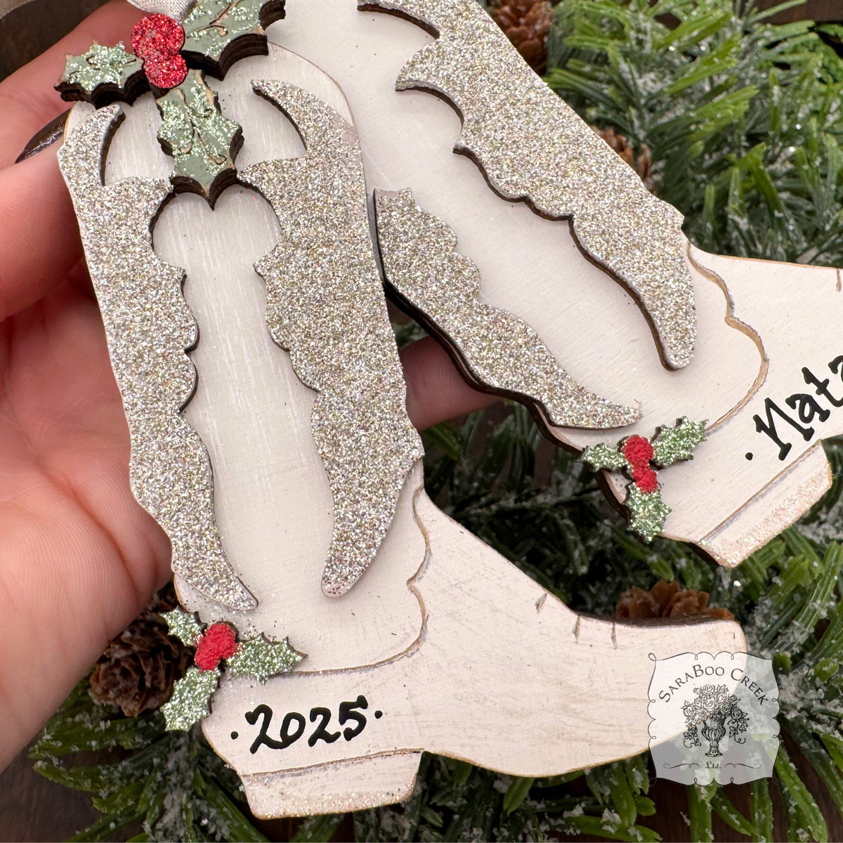 Personalized White Cowboy Boots Ornament w/ Wood Holly; Handmade Western Cowgirl Christmas Ornament