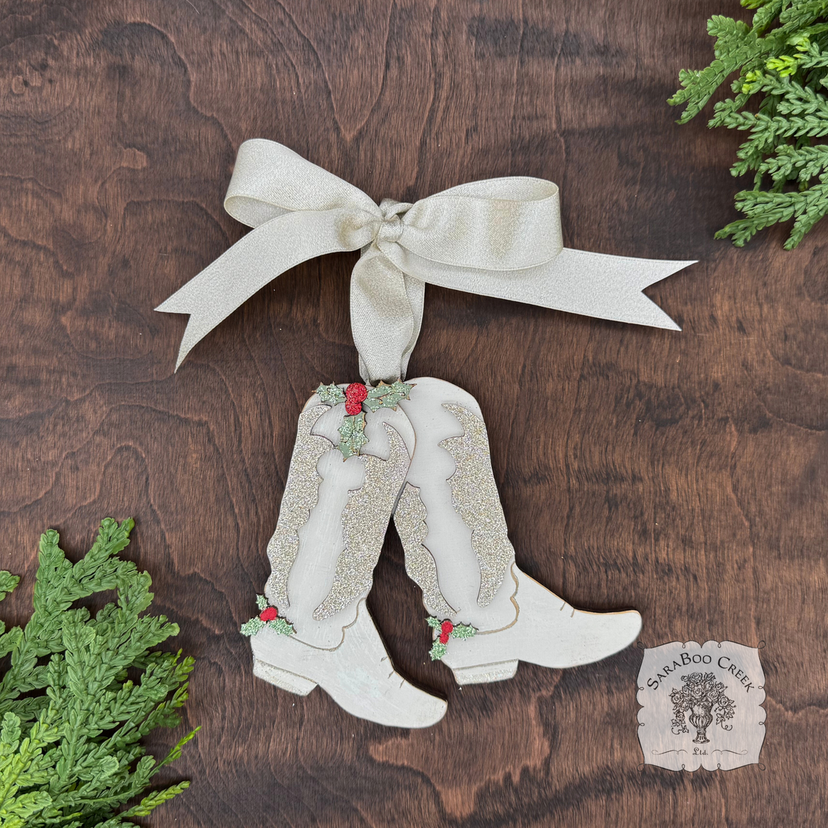 Personalized White Cowboy Boots Ornament w/ Wood Holly; Handmade Western Cowgirl Christmas Ornament