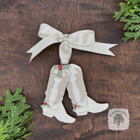 Personalized White Cowboy Boots Ornament w/ Wood Holly; Handmade Western Cowgirl Christmas Ornament