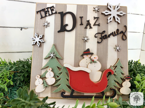 Tabletop Christmas / Winter Family Sign - Striped Plaque with Sleigh and Snowmen