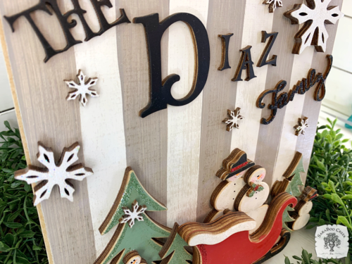 Tabletop Christmas / Winter Family Sign - Striped Plaque with Sleigh and Snowmen