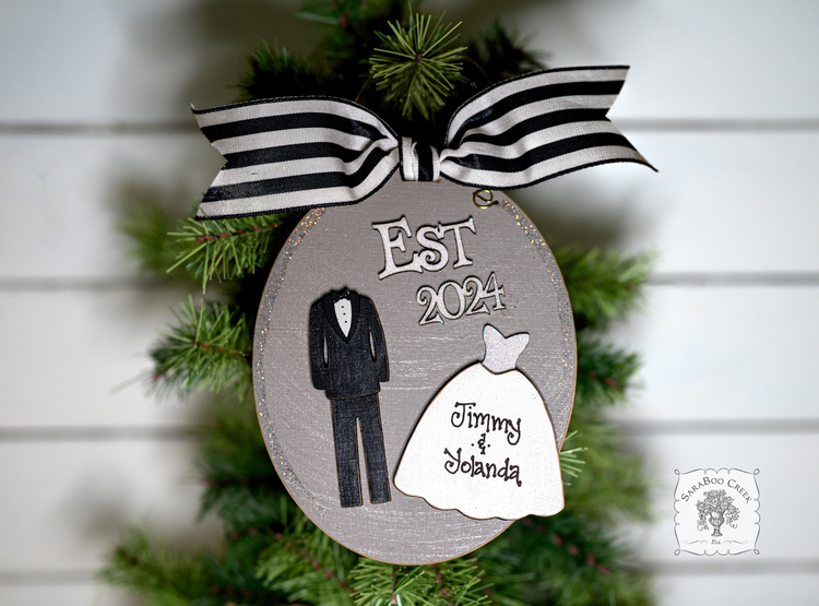 Bride and Groom Wedding Ornament Est 2024 or Est 2025 - Personalized 1st Christmas Married Gift