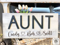 Aunt Print Word with Cursive Heart Names Underneath Sign