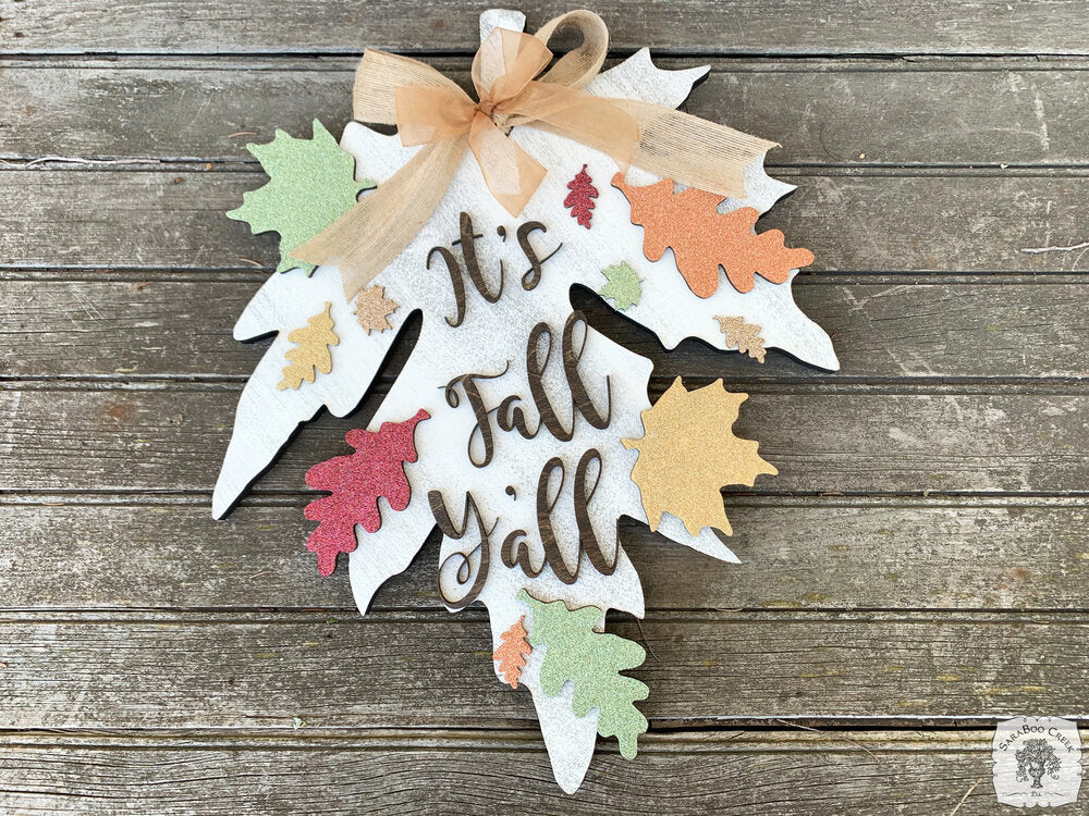 22" Fall Leaf Sign / Door Hanger - Choose It's Fall Y'all or Custom Word or Name