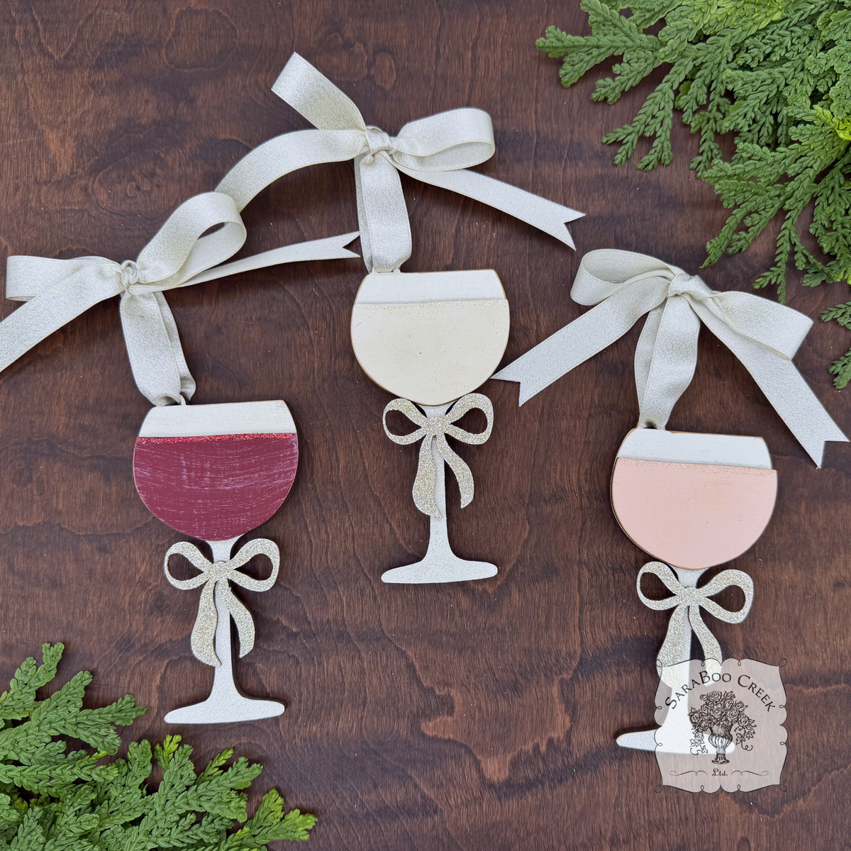 Wine Glass Ornament w/ Bow- Personalized Wine Gift in Red, Blush Rose or White