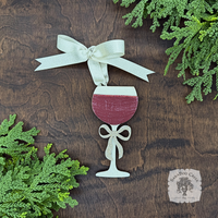Wine Glass Ornament w/ Bow- Personalized Wine Gift in Red, Blush Rose or White