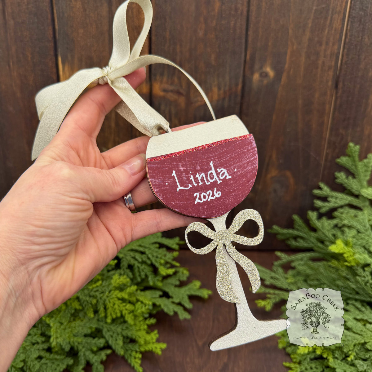 Wine Glass Ornament w/ Bow- Personalized Wine Gift in Red, Blush Rose or White