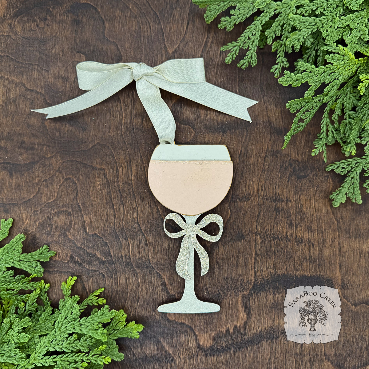 Wine Glass Ornament w/ Bow- Personalized Wine Gift in Red, Blush Rose or White