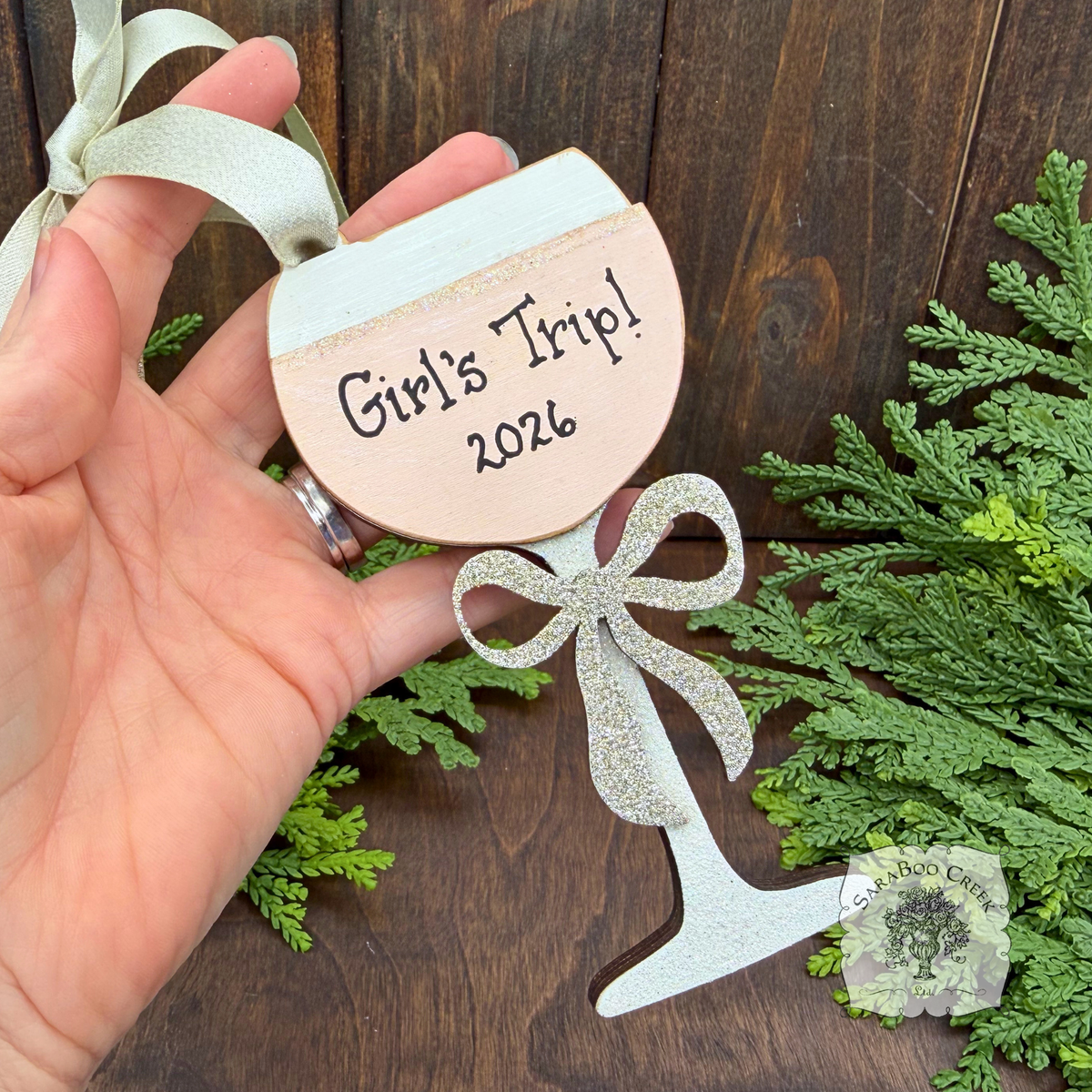 Wine Glass Ornament w/ Bow- Personalized Wine Gift in Red, Blush Rose or White