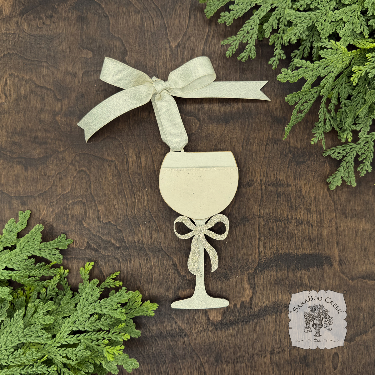 Wine Glass Ornament w/ Bow- Personalized Wine Gift in Red, Blush Rose or White