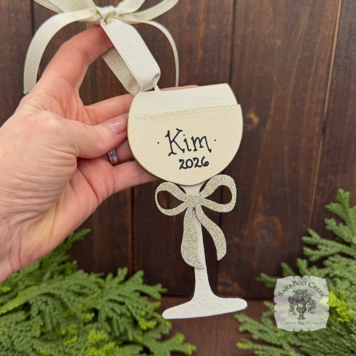 Wine Glass Ornament w/ Bow- Personalized Wine Gift in Red, Blush Rose or White