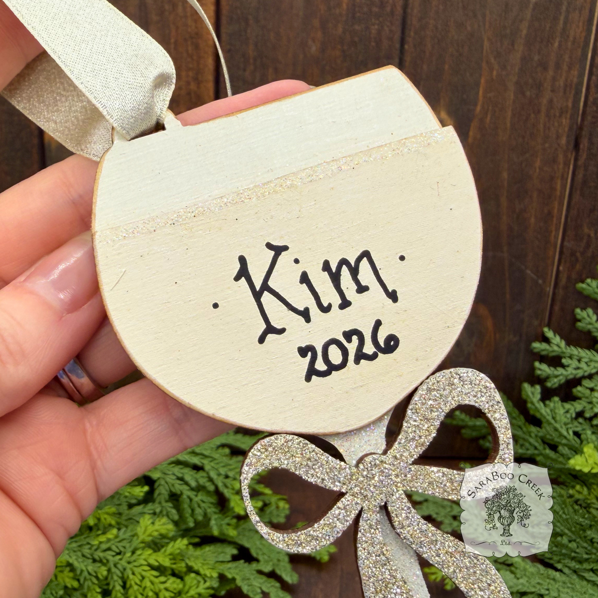 Wine Glass Ornament w/ Bow- Personalized Wine Gift in Red, Blush Rose or White