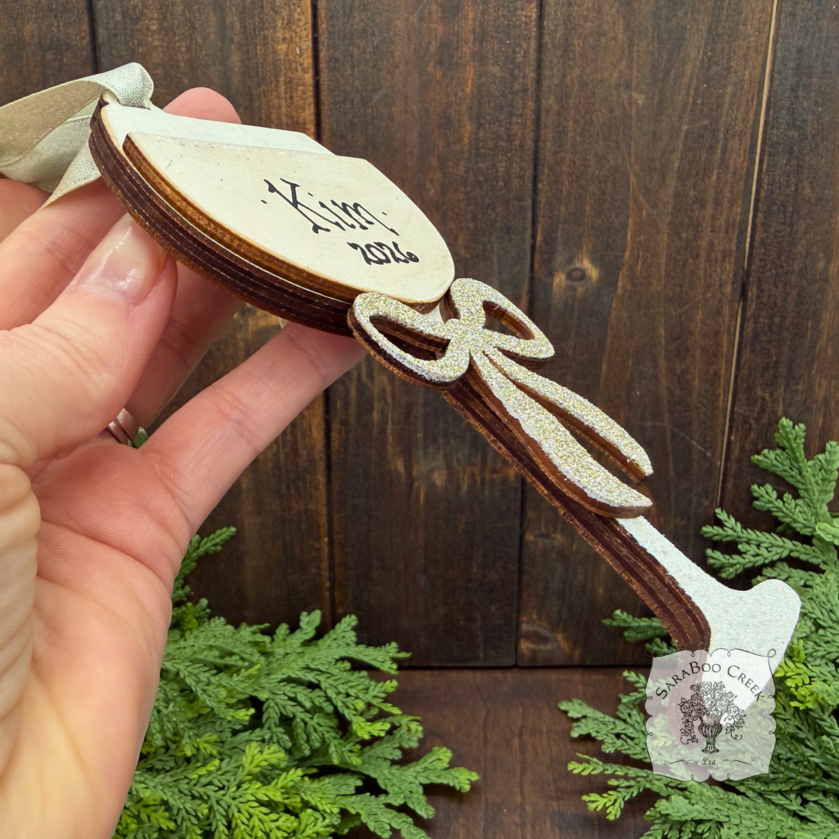 Wine Glass Ornament w/ Bow- Personalized Wine Gift in Red, Blush Rose or White